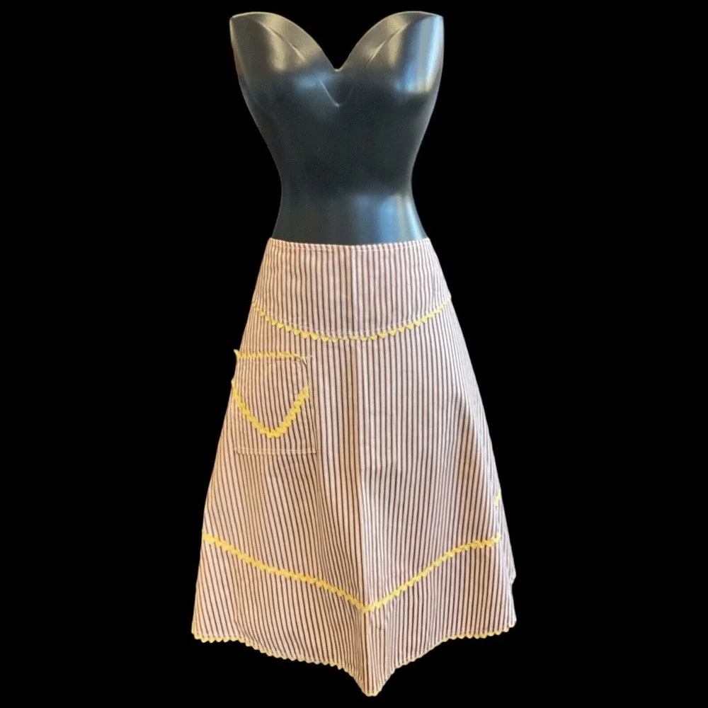 Vintage Apron Handmade Pocket Brown Candy‎ Stripe Yellow Rick Rack